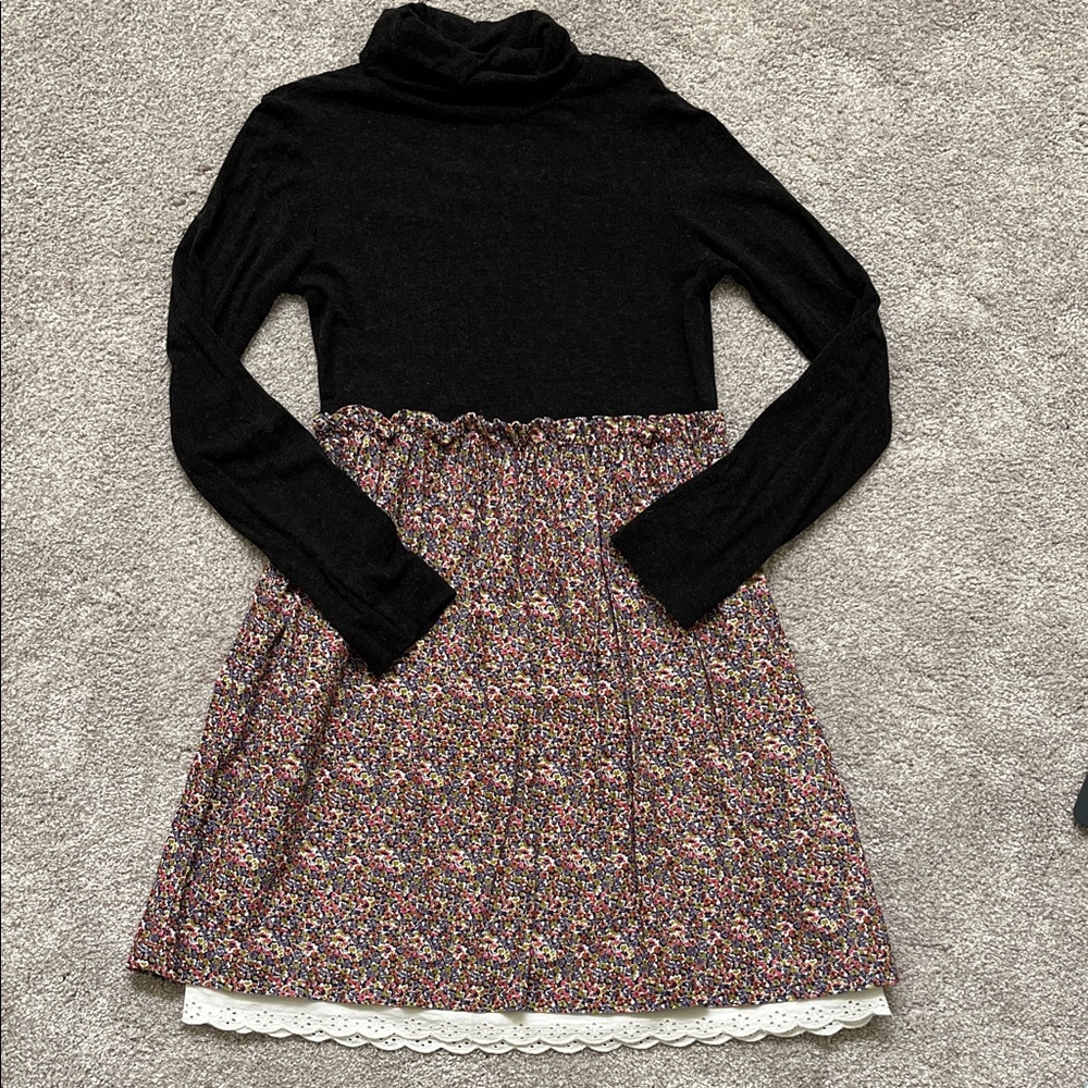 Zara Kids Charcoal Gray turtleneck Dress with corduroy floral bottom size 9-10